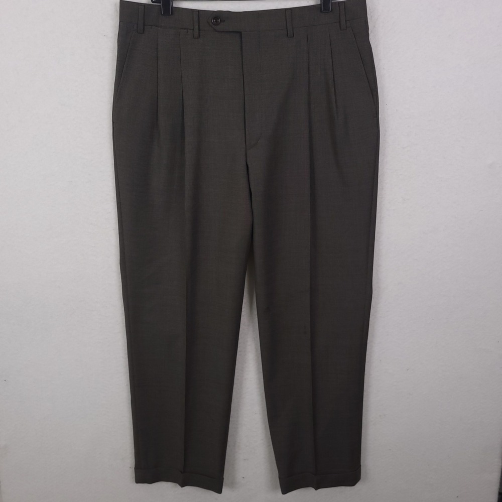 Canali Dress Pants Mens 37 Brown Pleated Cuffed Pure Wool Made in Italy Luxury*